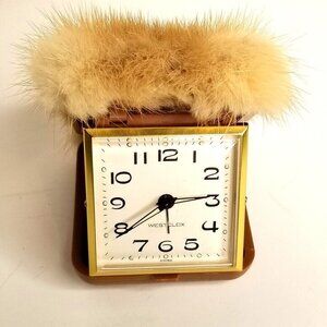 Vintage 50s MCM Westclox Mink Travel Alarm Clock Beige Brown Case Wind Up 3.75"